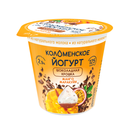 Йогурт «Коломенское» с шоколадной крошкой и наполнителем «Манго-маракуйя» с мдж 2,9%
